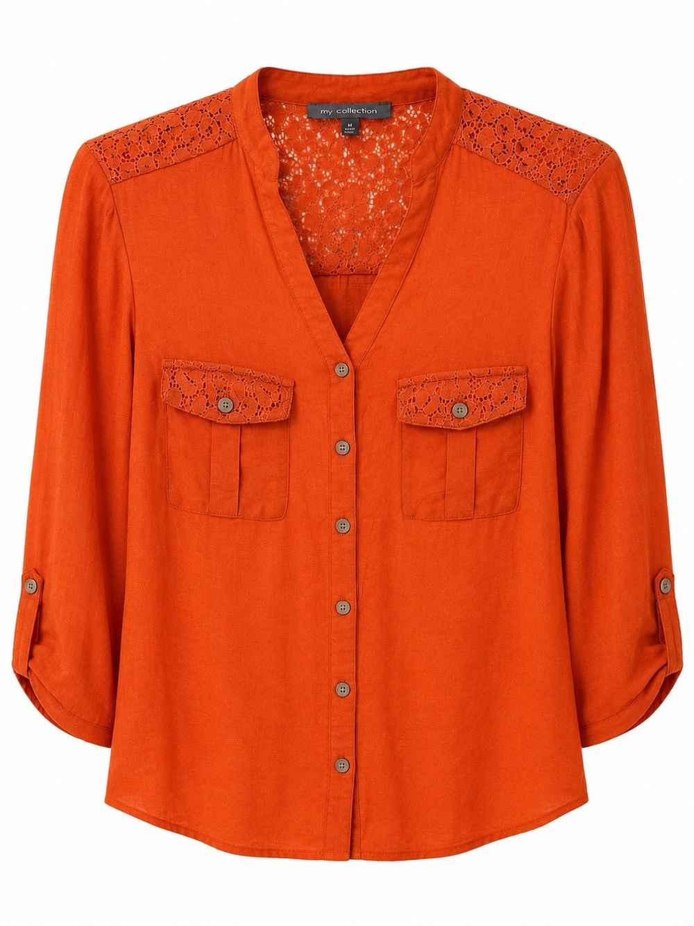 My Collection Burnt Orange Lace Accent Button-Front Blouse Women’s M